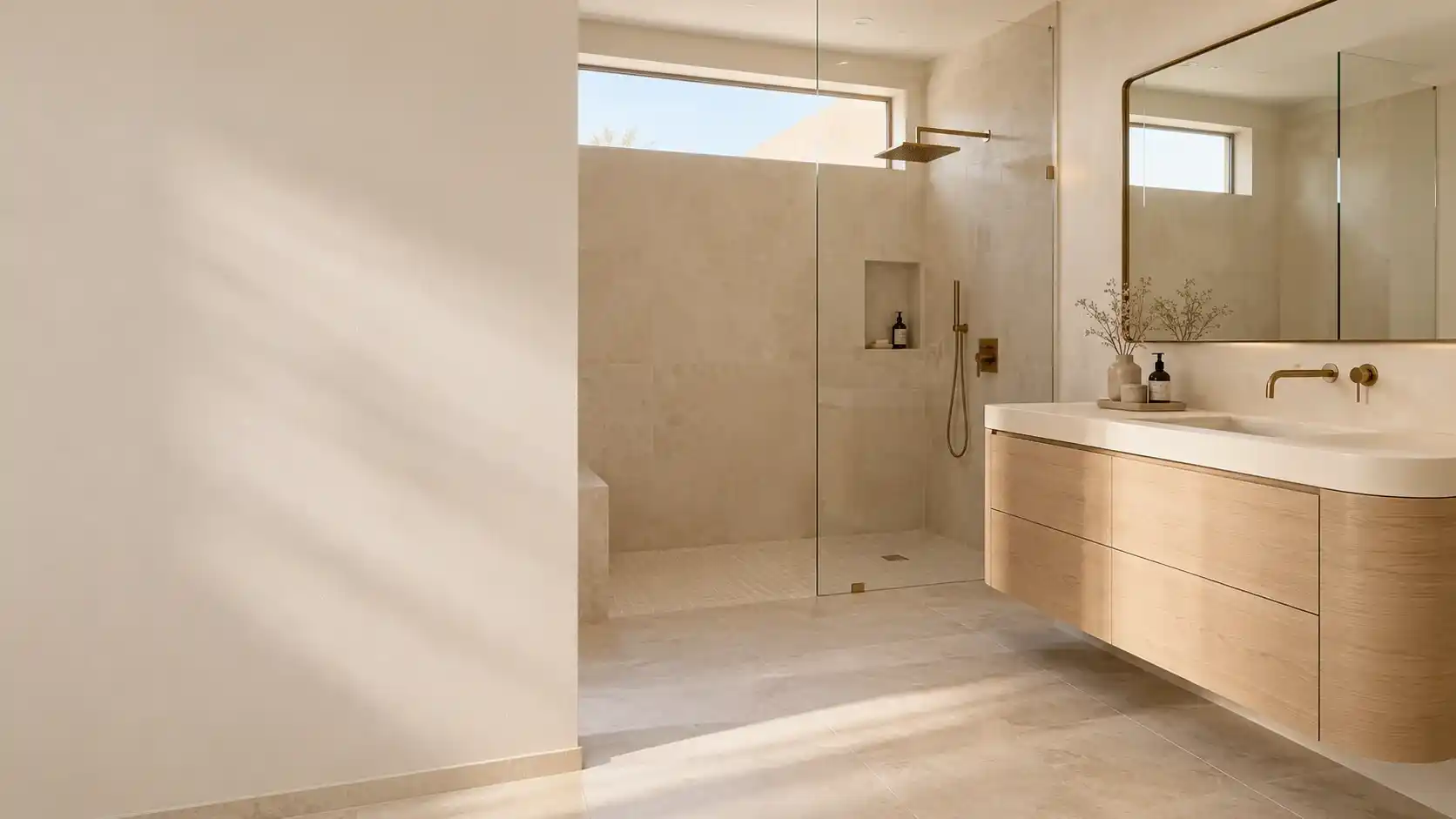 Ivory bathroom with a glass walk-in shower, a pale oak floating vanity and brushed brass fixtures