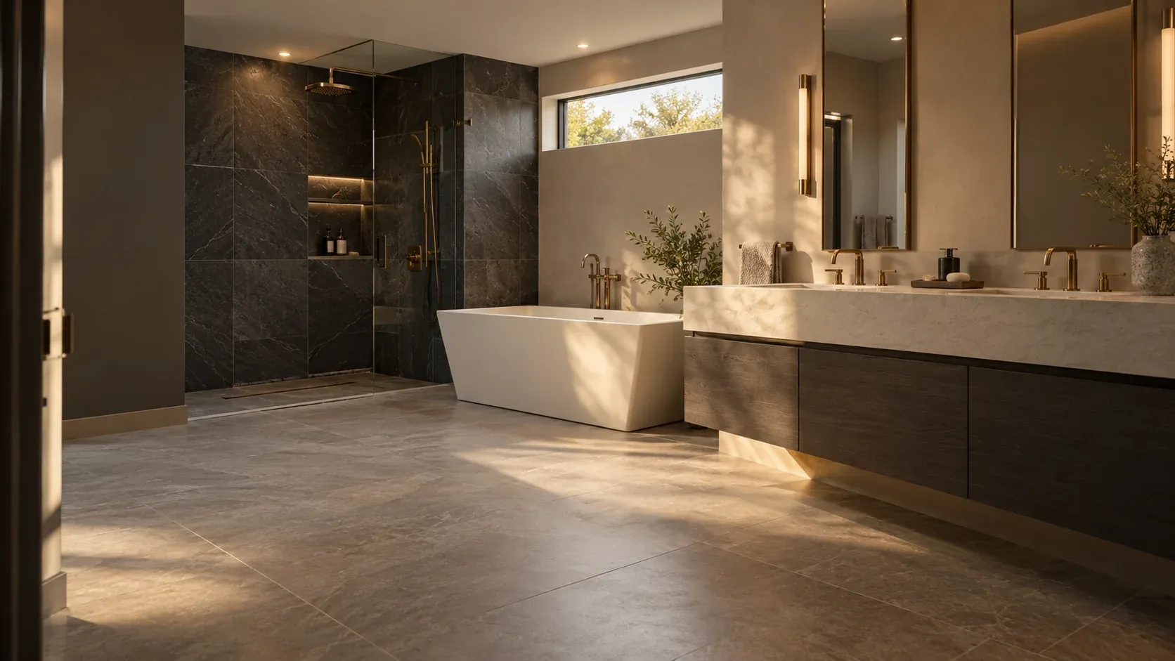 Dark stone bathroom with a white soaking tub, a long double vanity and bronze fixtures