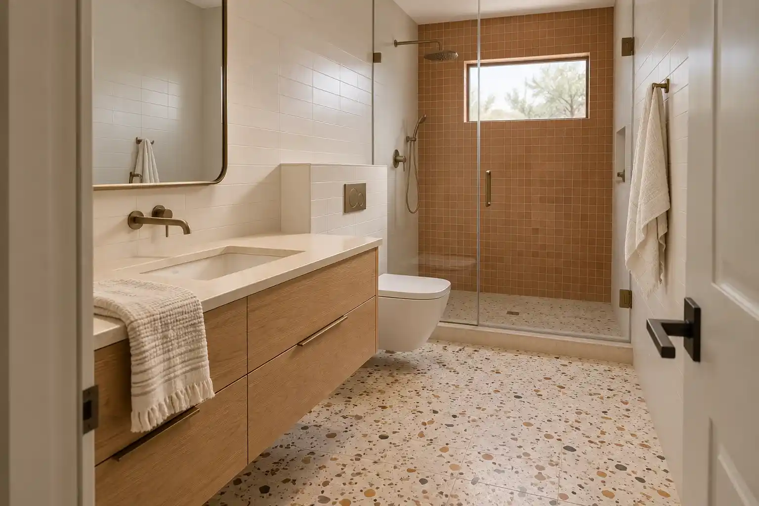 Compact bathroom with a terrazzo floor, an oak vanity and a terracotta tiled shower wall