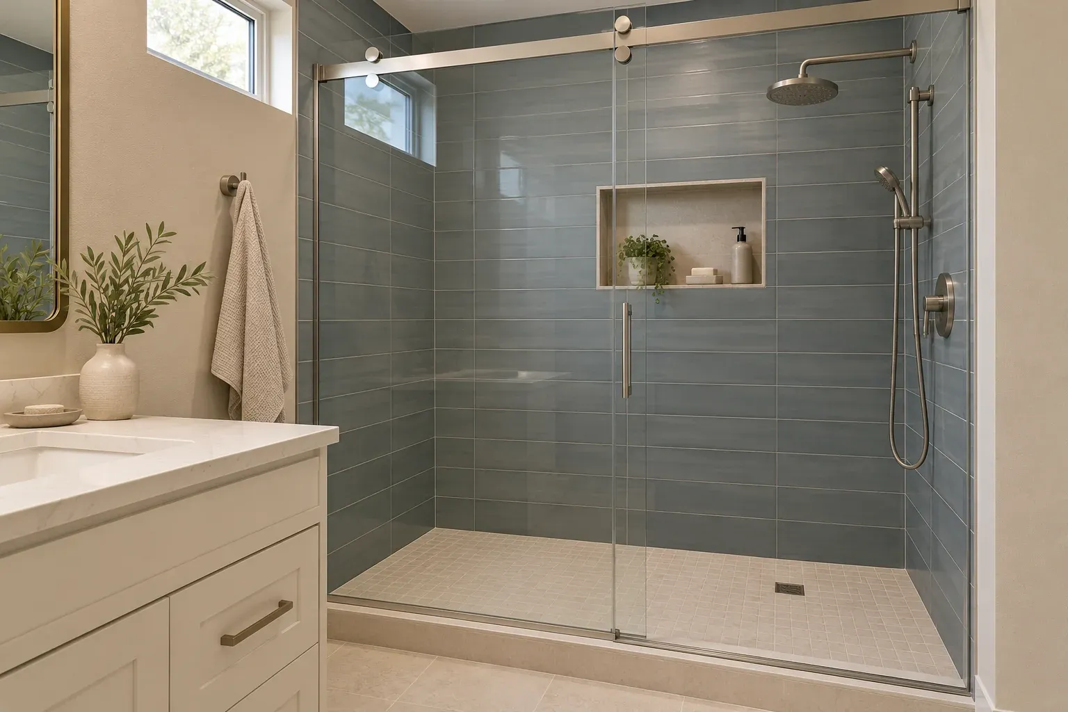 Shower in a former bathtub alcove with smoke blue tile and a sliding glass door