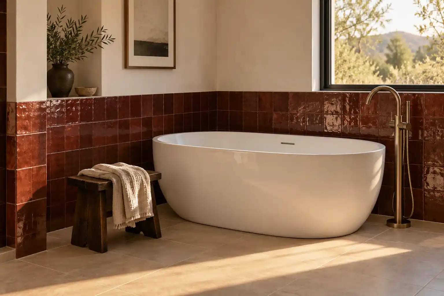 White freestanding bathtub beside glossy burgundy tile and a bronze floor filler