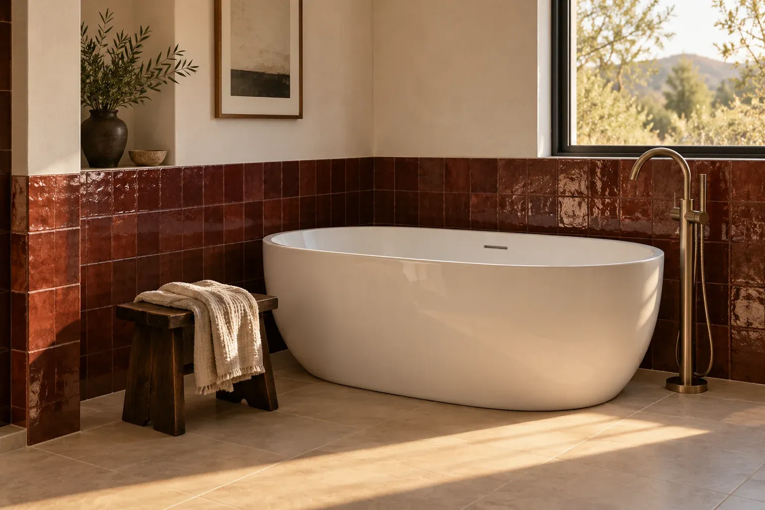 White freestanding bathtub beside glossy burgundy tile and a bronze floor filler