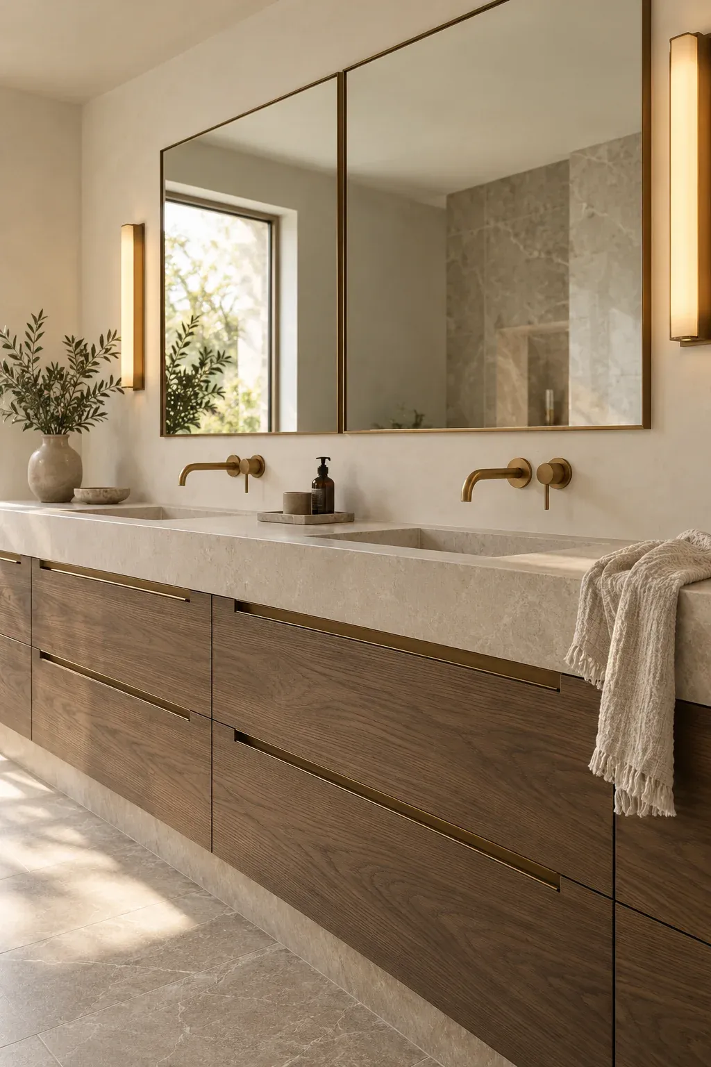 Double vanity with dark wood drawers, pale stone basins and brass wall taps