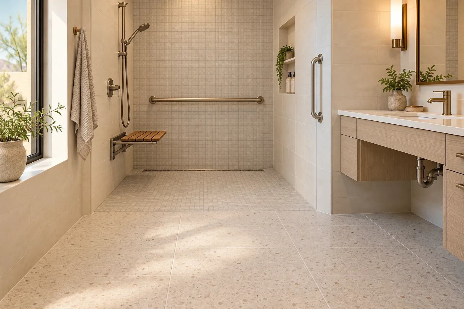 Step-free shower with a folding seat, grab bars and an open knee-space vanity