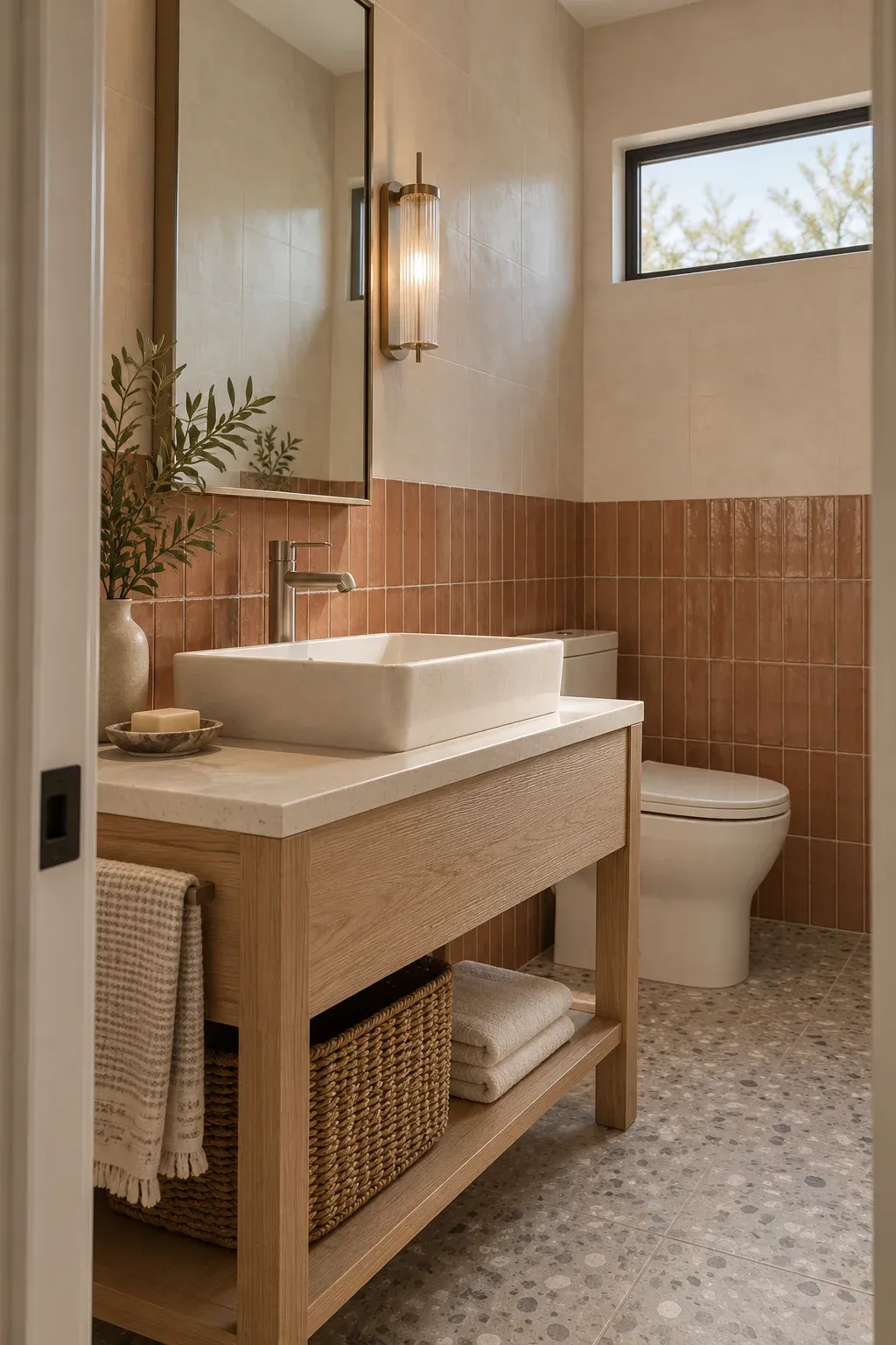 Compact guest bathroom with terracotta tile, a pale oak vanity and a rectangular basin
