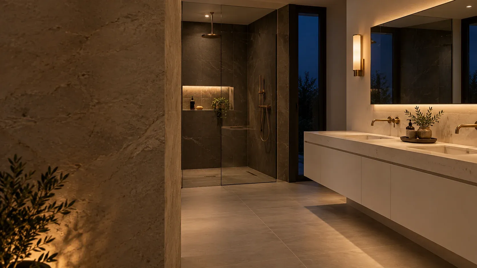 Bathroom in the evening with a dark tiled shower, an ivory vanity and warm lighting