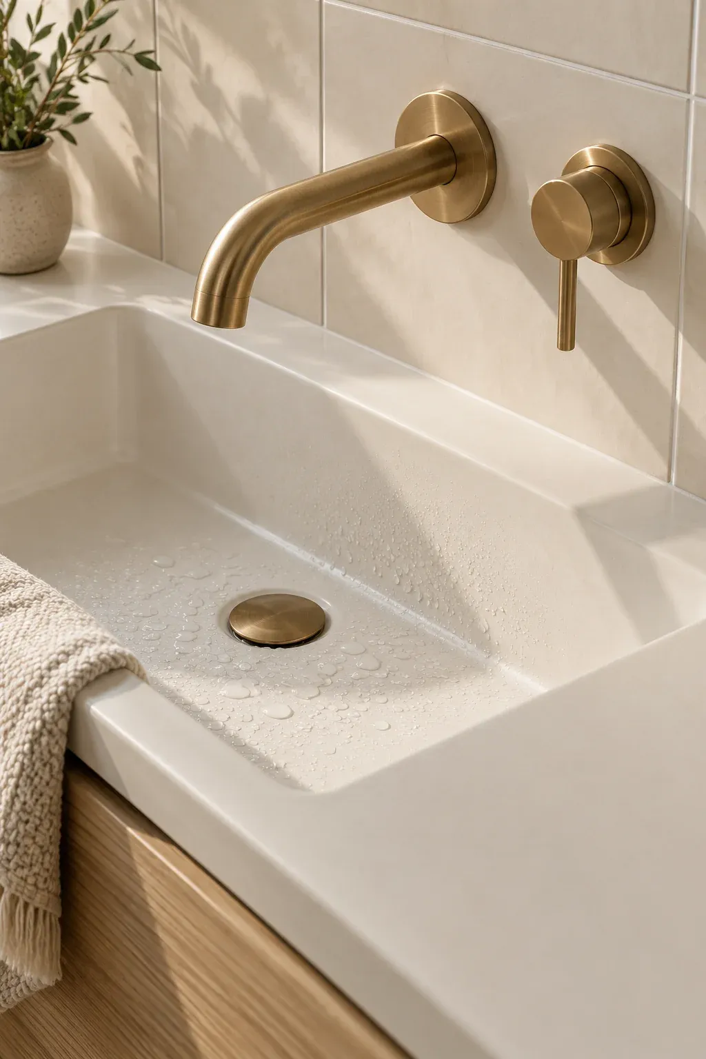 Brushed brass wall faucet above an ivory rectangular basin