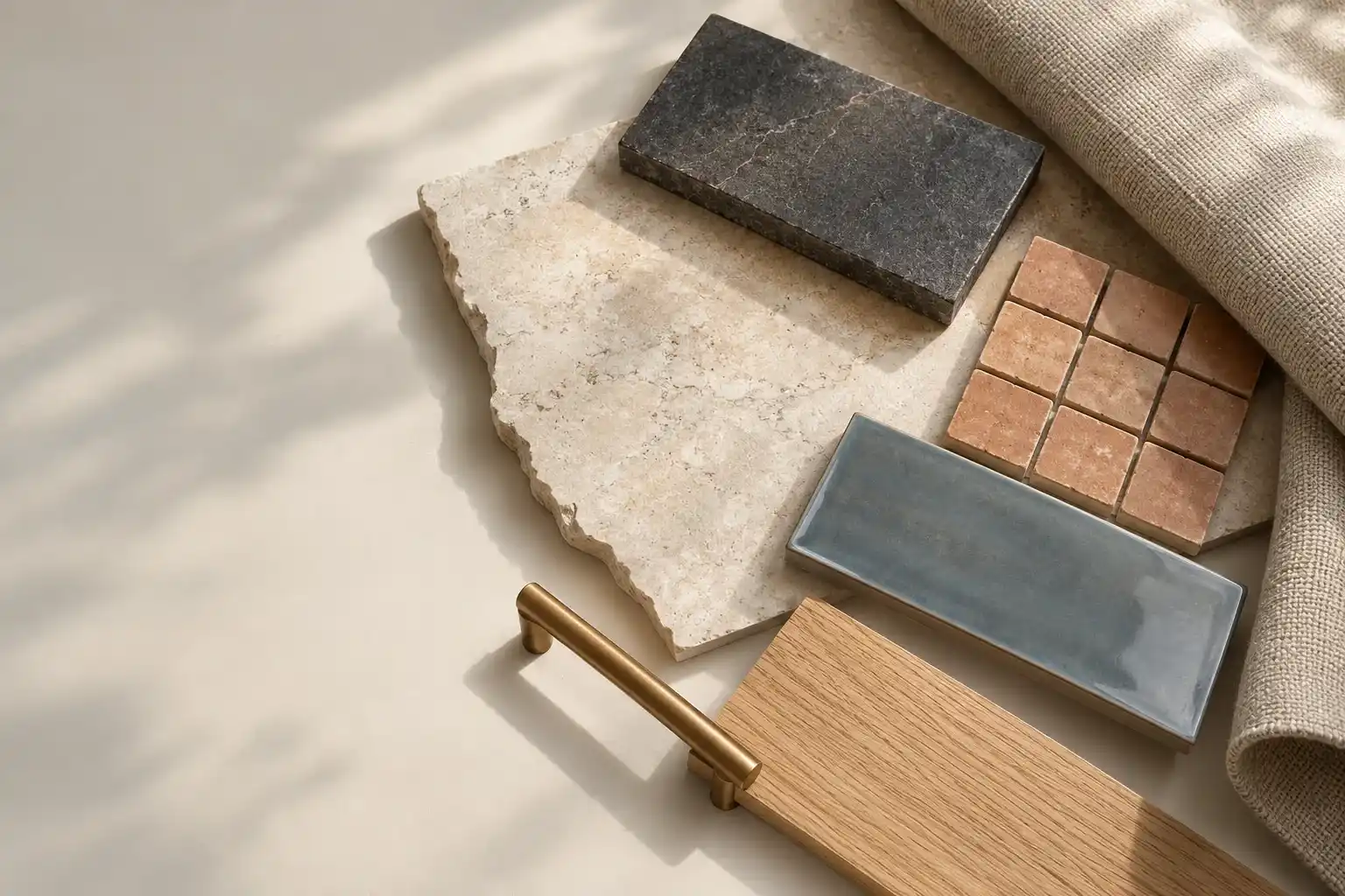 Bathroom material samples: pale stone, charcoal tile, smoke blue tile, terracotta, oak and a brass pull