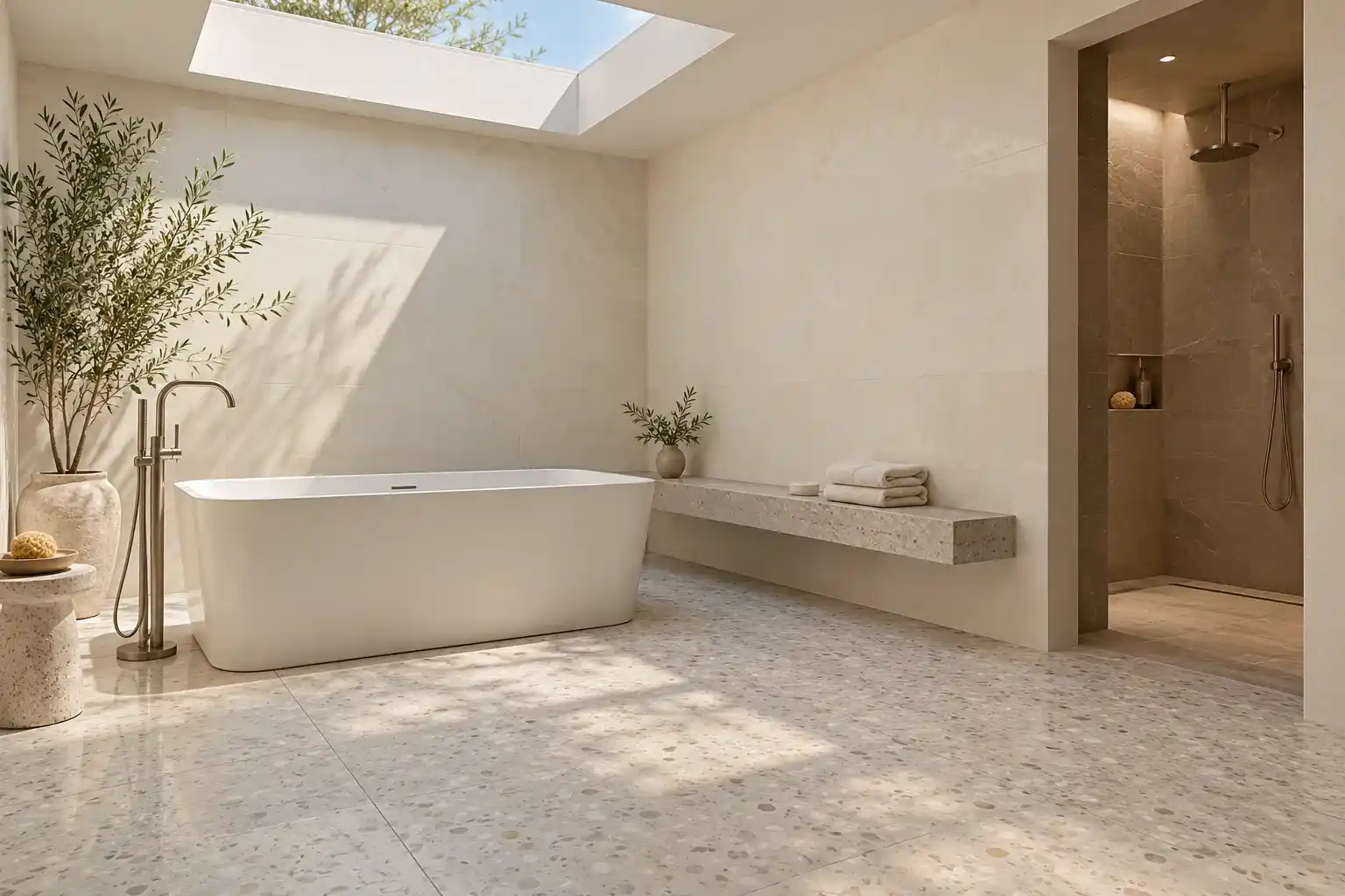 Skylit bathroom with a white soaking tub, a stone bench and a recessed shower
