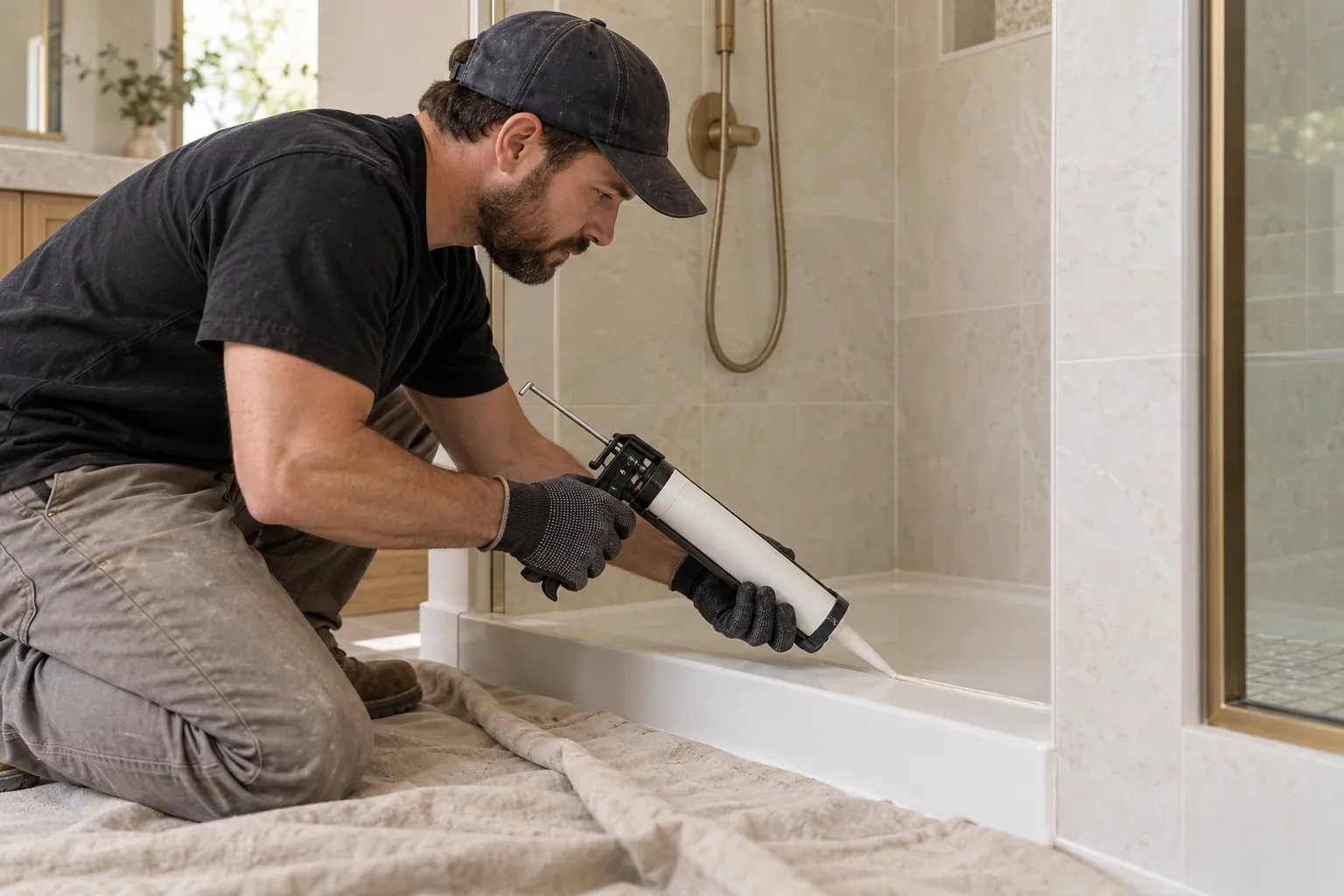 Worker running a sealant bead along a shower wall and tray joint