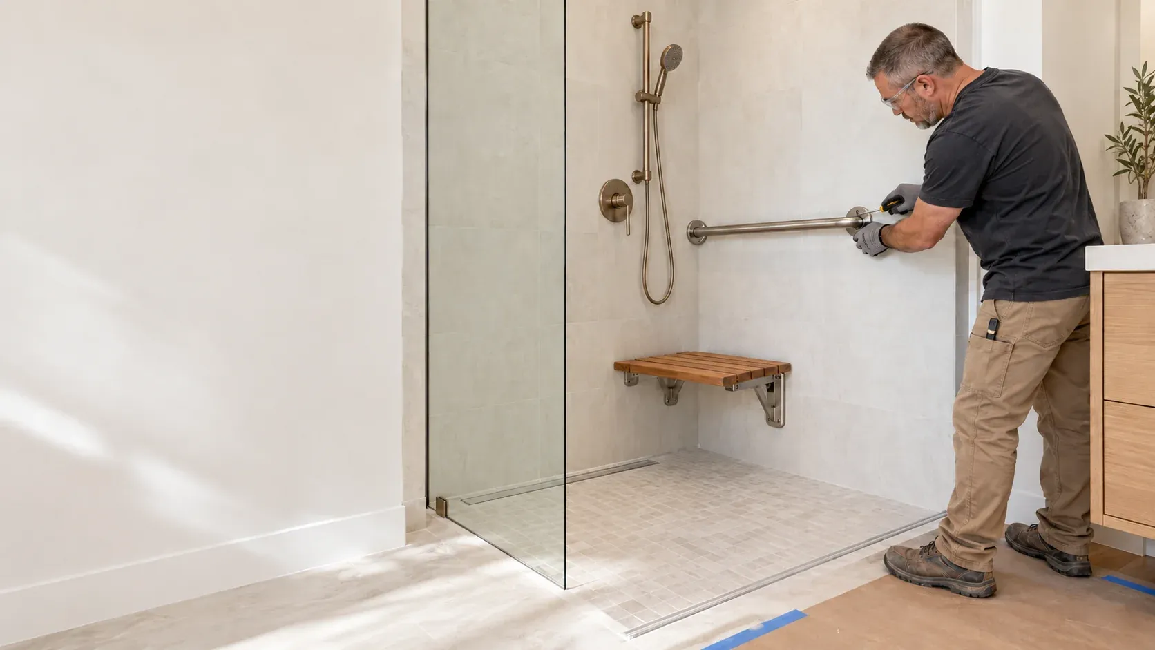 Worker fastening a grab bar beside a shower with a folding seat